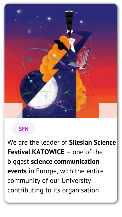 A graphic with a young girl looking at stars, and a phrase: We are the leader of Silesian Science Festival KATOWICE – one of the biggest science communication events in Europe, with the entire community of our University contributing to its organisation.