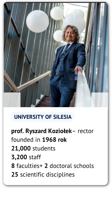 Rector prof. Ryszard Koziołek and our figure and facts: University of Silesia: Founded in 1968 21,000 students 3,200 academic and administrative staff 8 faculties + 2 doctoral schools (25 scientific disciplines)