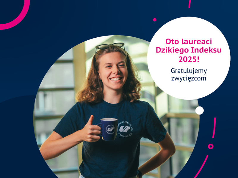 Grafika promująca laureatów dzikiego indeksu, w tle studentka pokazująca ręka okej