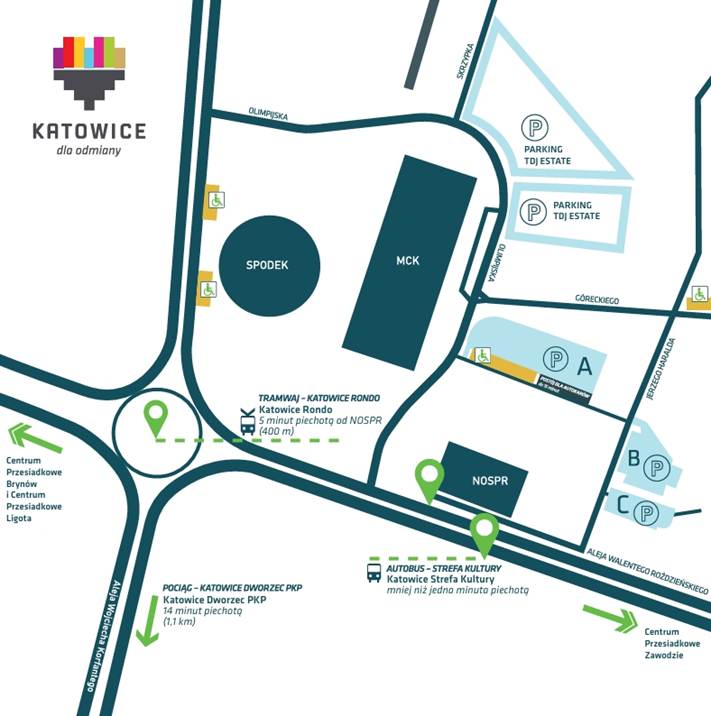 Mapa Katowic ( Spodek i MCK ) z zaznaczonymi ciagami komunikacyjnymi