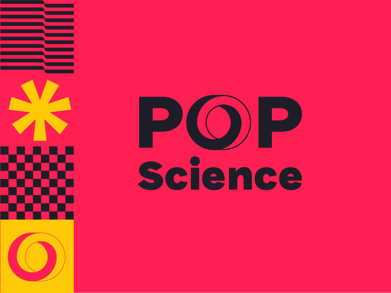 Logotyp Pop science na czerwonym tle.