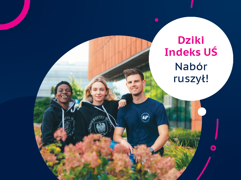 Grafika promująca konkurs Dziki Indeks UŚ - na grafice trzy osoby studiujące w dymku napis - Dziki Indeks UŚ Nabór ruszył)