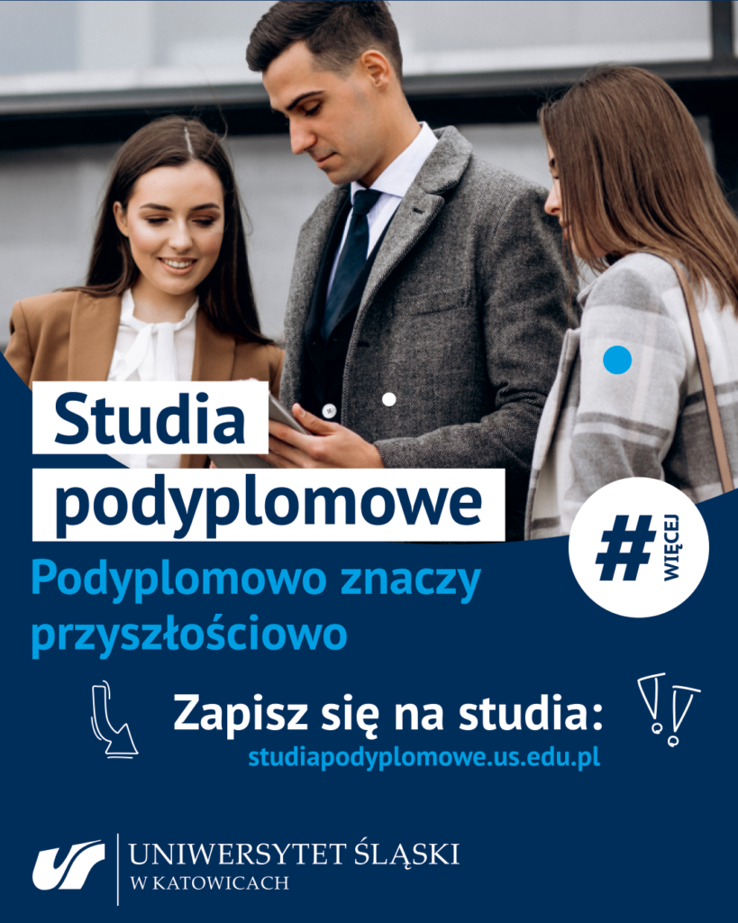 Na zdjeciu 3 osoby, 2 kobiety i mężczyzna. Poniżej napis - Studia podyplomowe