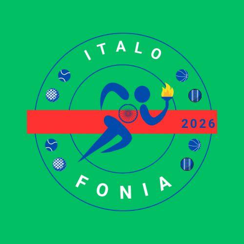 Logotyp italofonii - kolorze zielonym, granatowa postać ze zniczem symbolizujaca olimpiadę, poniżej rok 2026