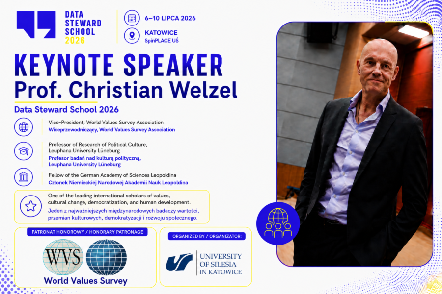 An promotional poster for the Data Steward School 2026 announcing Prof. Christian Welzel as the Keynote Speaker. Event Details: * Dates: July 6–10, 2026 (6–10 Lipca 2026) Location: Katowice, SpinPLACE UŚ Speaker Image: On the right side of the poster, there is a portrait photo of Prof. Christian Welzel, a bald man looking into the camera, wearing a dark suit jacket over a light blue button-down shirt. Speaker Credentials (provided in both English and Polish): Vice-President, World Values Survey Association Professor of Research of Political Culture, Leuphana University Lüneburg Fellow of the German Academy of Sciences Leopoldina Highlighted as one of the leading international scholars of values, cultural change, democratization, and human development. Organizations involved: Honorary Patronage: World Values Survey (WVS) logo. Organized by: University of Silesia in Katowice logo. The poster features a modern graphic design with a white background, dark blue typography, yellow and blue accents, and a dotted pattern in the corners.