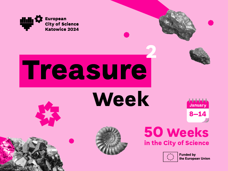 Graphic with minerals and text: Treasure Week, 50 Weeks in the City of Science