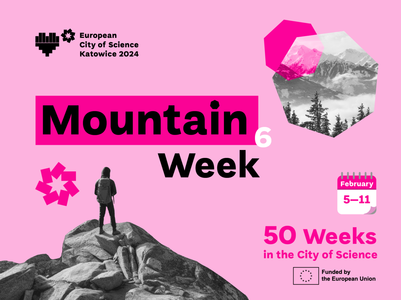 Graphic with a person on a mountain peak with text: Mountain Week, 50 Weeks in the City of Science
