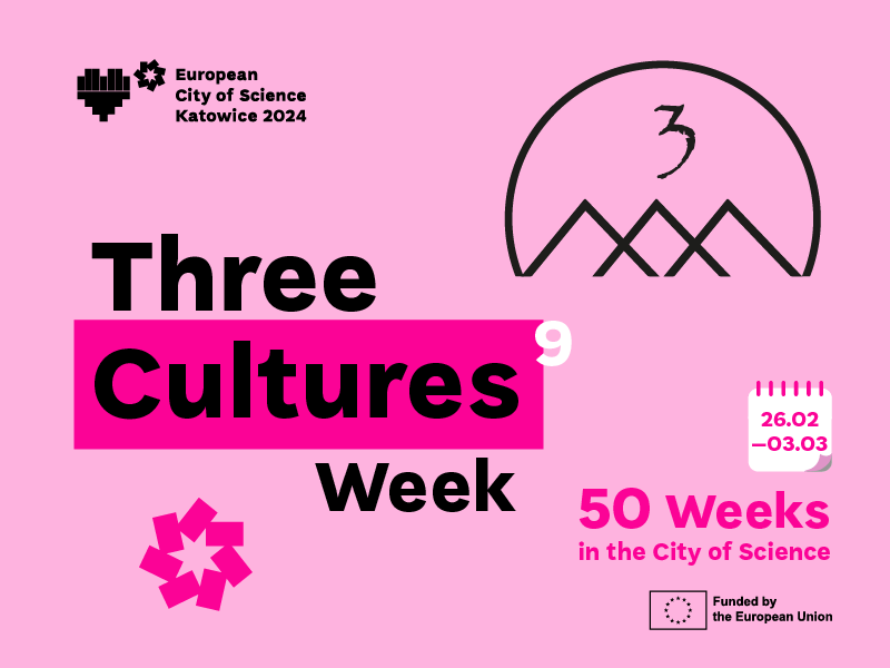 Graphic with text: Three Cultures Week, 50 Weeks in the City of Science