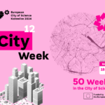 Graphic with buildings models and text: City Week, 50 Weeks in the City of Science