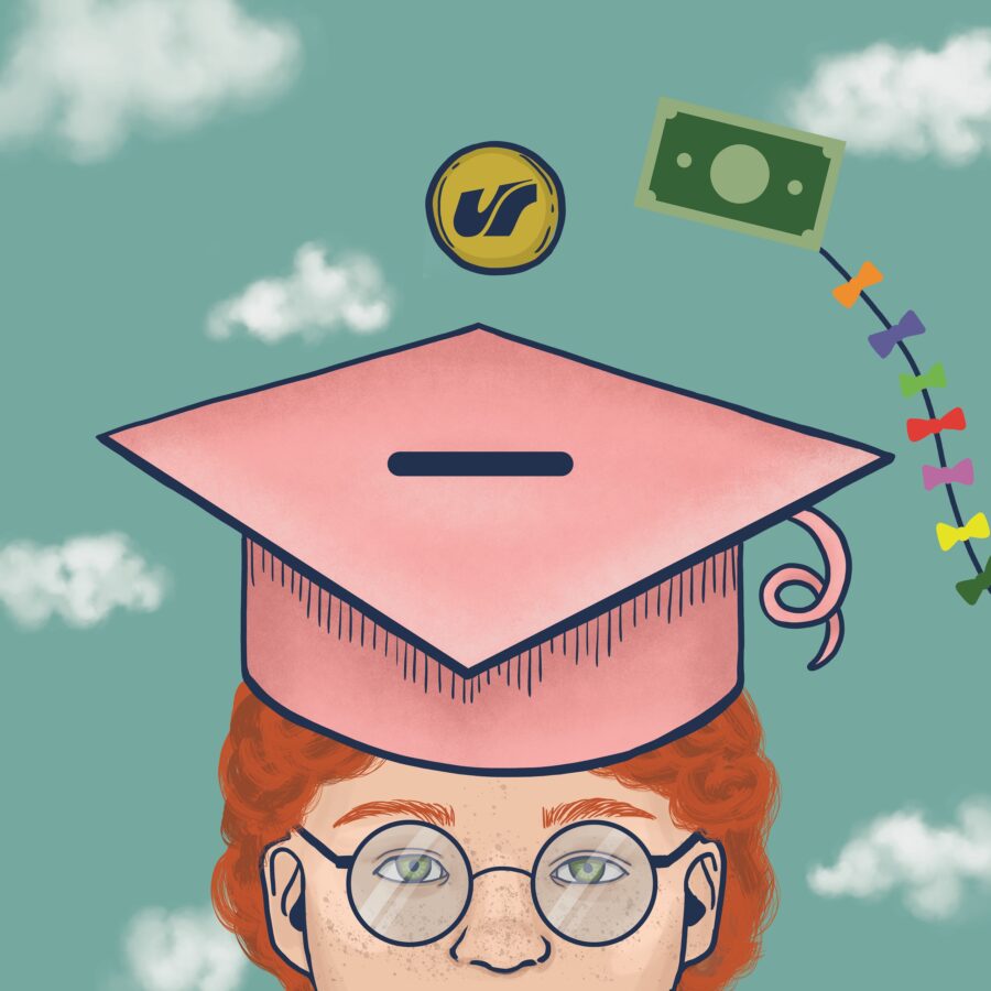 Obrazek przedstawia twarz rudowłosego studenta z różowym biretem na głowie. Biret ma wycięcie na pieniądze oraz zakręcony ogonek - ma przypominać świnkę skarbonkę. Nad jego głową jest moneta z napisem UŚ, a za nim lata latawiec stworzony z gotówki.