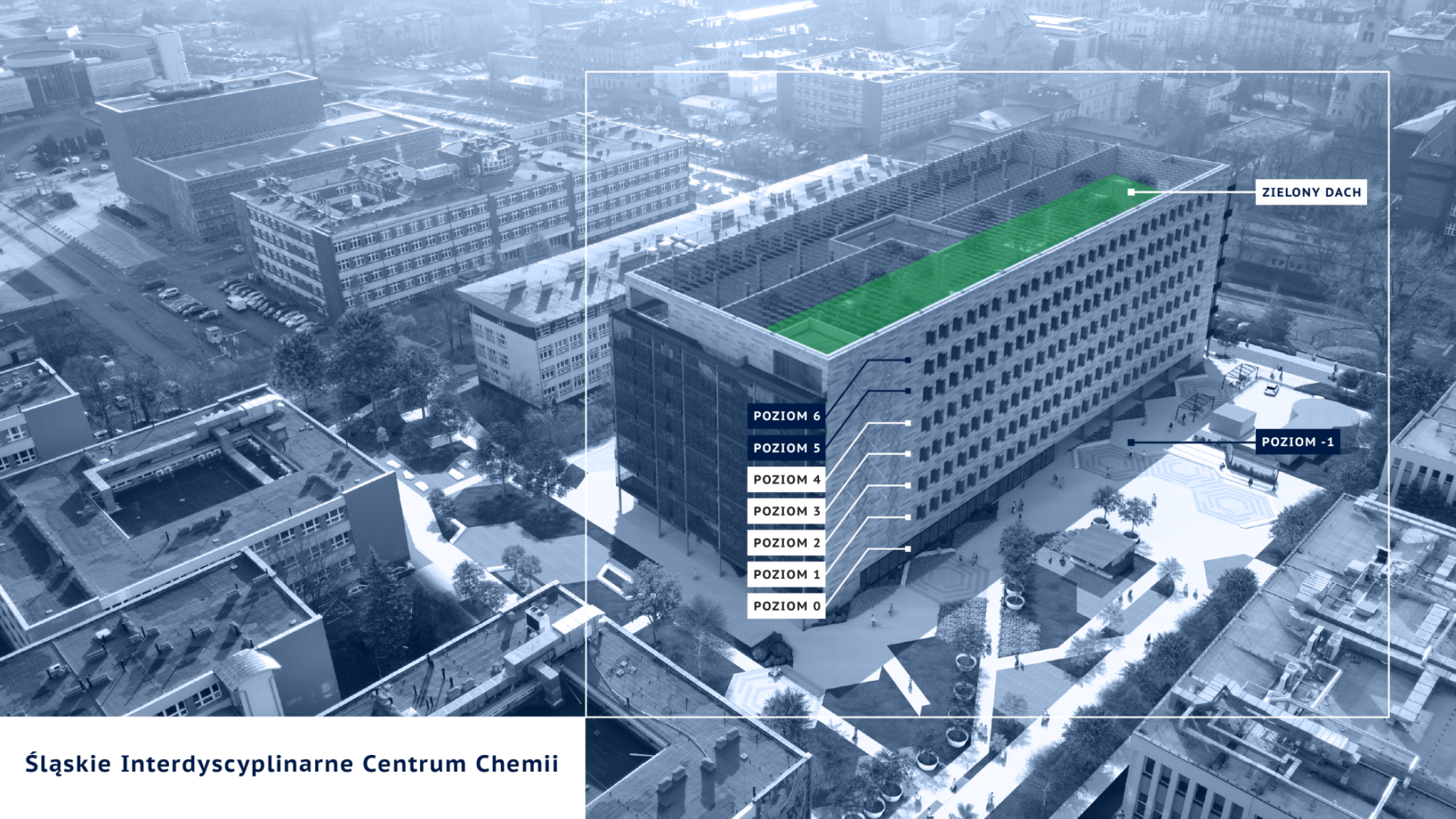 Wizualizacja budynku Chemii - Śląskie interdyscyplinarne Centrum Chemii podział na kondygnacje