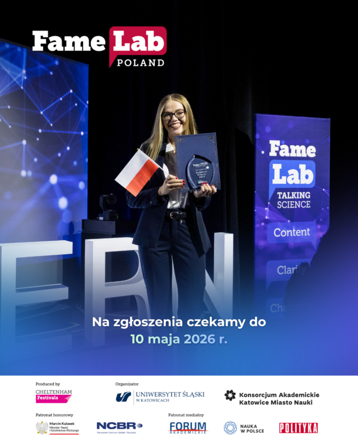 Famelab poland na zgłoszenia czekamy do 10 maja 2026 roku. Na zdjęciu kobieta z flagą polski oraz statuetką