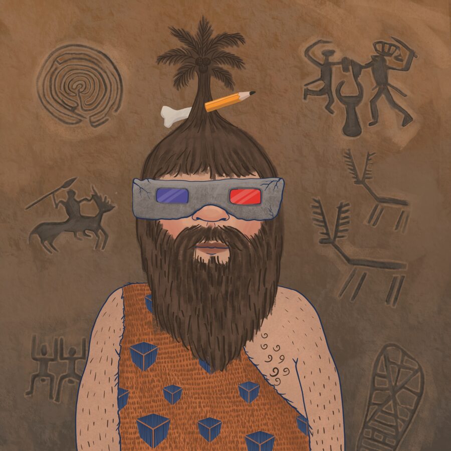 Na środku obrazu znajduje się mężczyzna stylizowany na neandertalczyka. Ma na sobie okulary 3d. Włosy ma spięte w kucyk za pomocą ołówka, który jednocześnie jest kością. Mężczyzna ma na sobie skórę zwierzęcia, na której widnieją sześciany. W tle widać prymitywne rysunki z czasów neanderatalczyków..