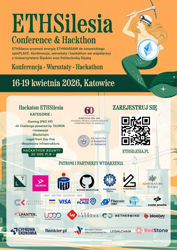 plakat wydarzenia na którym znajduja się szczegóły wydarzenia, które ujęte są w tekście informacji. Dodatkowo znajduje się kod qr odnoszący do rejeestracji na konferencję oraz logotypy patronów i partnerów wydarzenia