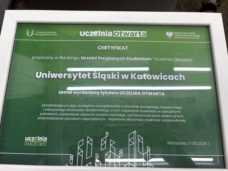 certyfikat dla uniwersytetu śląskiego