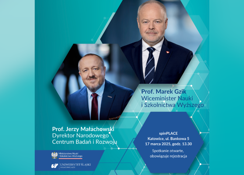 Plakat wydarzenia, napisz porozmawiajmy o polskiej nauce po lewej portret Jerzego Małachowskiego po prawej Marka Gzika