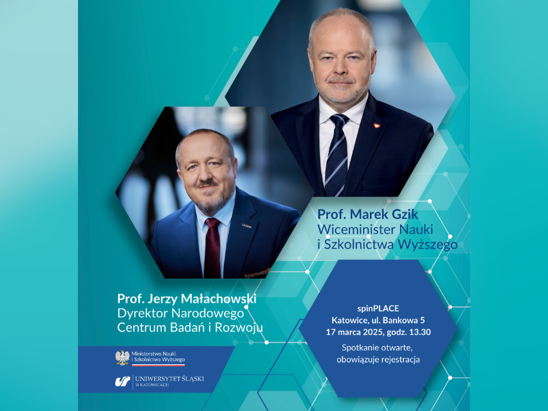 Plakat wydarzenia, napisz porozmawiajmy o polskiej nauce po lewej portret Jerzego Małachowskiego po prawej Marka Gzika