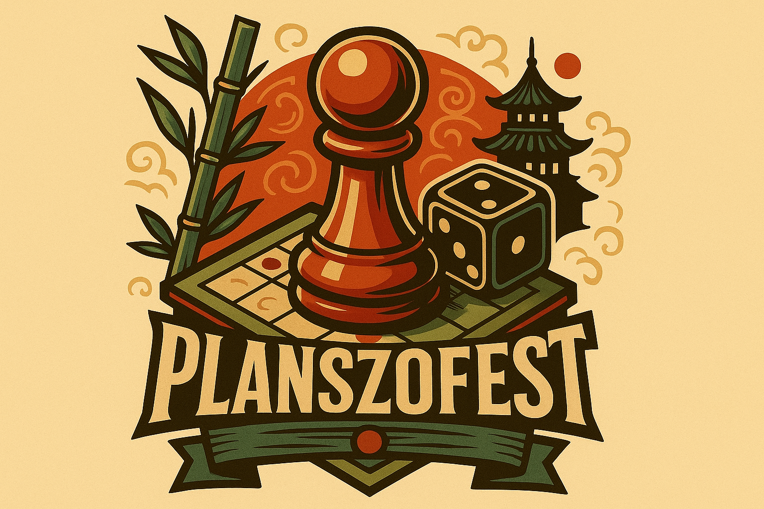 Na grafice napis planszofest, elementy kultury Azji, bambus, budynek, plansza oraz chmury