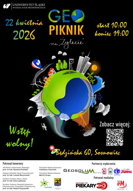 plakat wydarzenia na czarnym tle znajduje się grafika ziemi a w około są zawarte informację o geopikniku. Wszystkie informacje znajdują się również w treści informacji