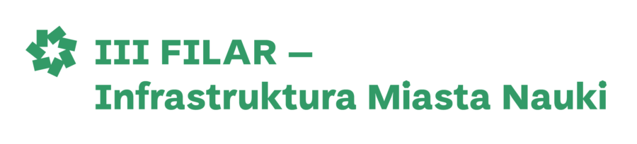 Logotyp EMN w kolorze zielonym obok napis: Trzeci Filar - Infrastruktura Miasta Nauki - w kolorze zielonym