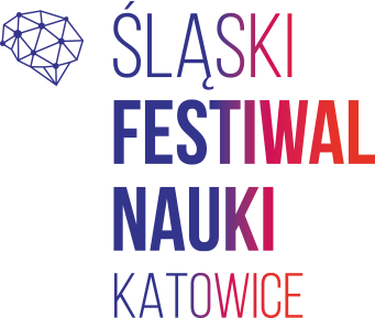 Obraz przedstawia logo Śląskiego Festiwalu Nauki Katowice. Składają się na nie wyrazy Śląski Festiwal Nauki Katowice w gradientowej kolorystyce od granatu po pomarańcz oraz ikona mózgu w lewym górnym rogu logo.