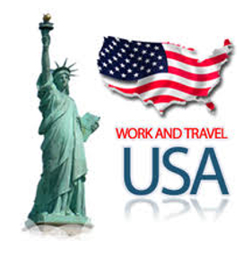 logo: Statua Wolności, flaga USA w kształcie kraju, napis: Work and Travel USA