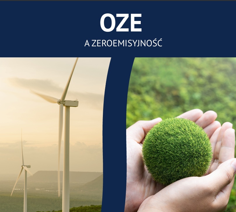 Grafika OZE A Zeroemisyjność - na górze napis, po lewej stronie farma wiatrowa, po prawej dłonie złożone razem a wnich kuleczka trawy