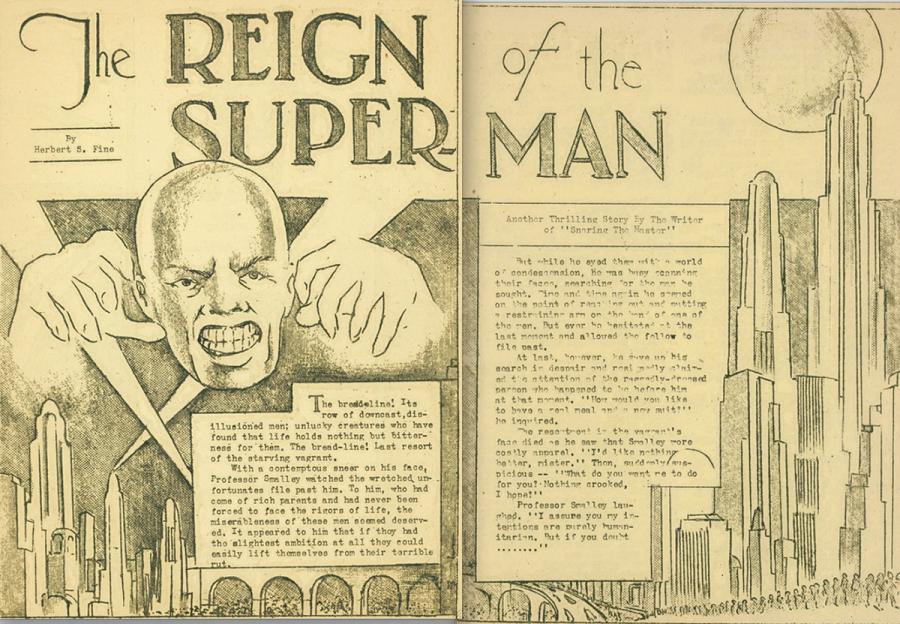 Dwie pierwsze strony „The Reign of the Superman”, opowiadania Jerry’ego Siegela z ilustracjami Joe’ego Shustera (1933)