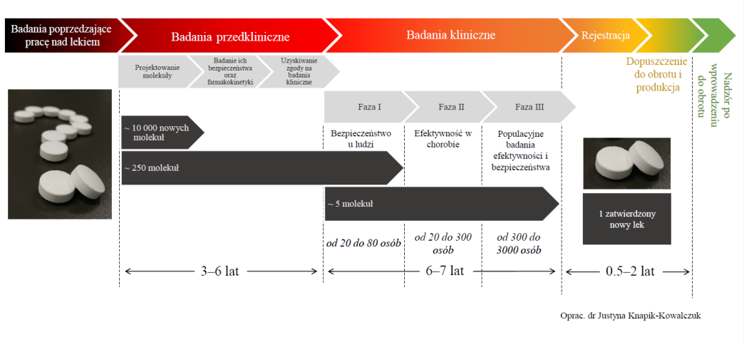 Grafika prezentująca kolejne etapy wprowadzania nowych leków na rynek farmaceutyczny