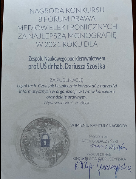 dyplom w konkursie 8. Forum Prawa i Mediów Elektronicznych za najlepszą monografię
