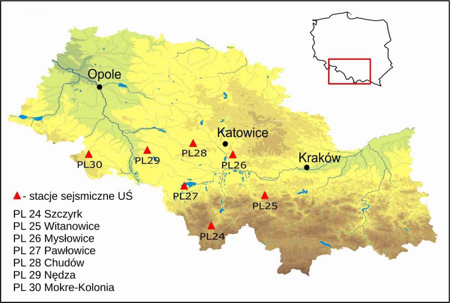 mapa z zaznaczonymi stacjami sejsmicznymi UŚ: Szczyrk, Witanowice, Mysłowice, Pawłowice, Chudów, Nędza, Mokre-Kolonia