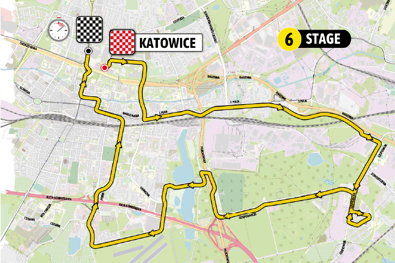 Mapa Katowic z zaznaczoną trasą Tour de Pologne 2023 w Katowicach