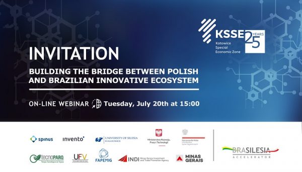 Grafika promująca webinarium "BraSilesia" z logotypami współpracujących instytucji. Napis na grafice: "Invitation. Building the bridge between Polish and Brazilian innovative ecosystem. On-line webinar. Tuesday, July 20th at 15:00"