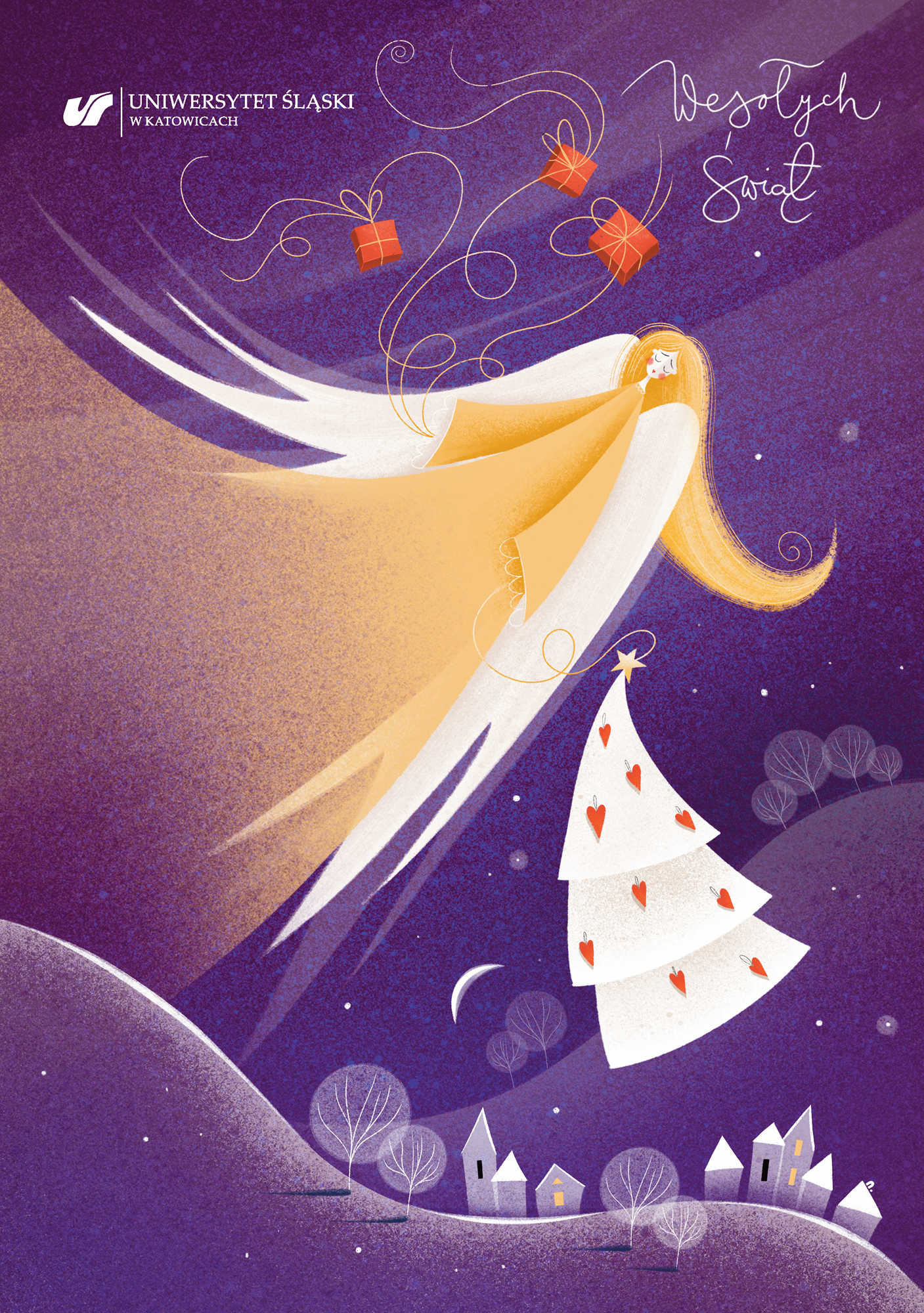 kartka świąteczna - anioł, choinka, prezenty, napis Wesołych Świąt