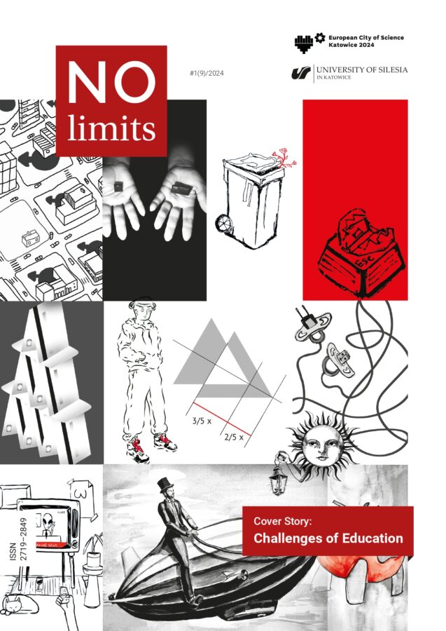 No Limits cover story: Challenges of Education with logos of the University of Silesia and the European City of Science 2024