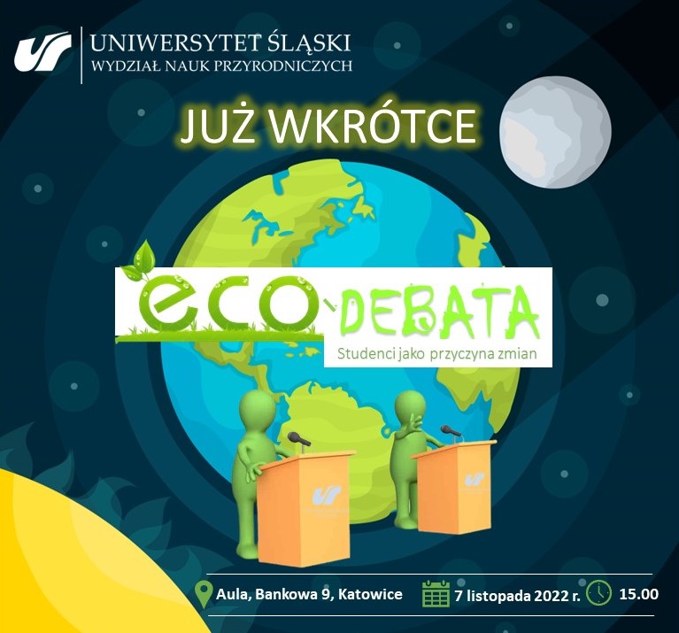 grafika promująca spotkanie „ecoDEBATA – Studenci jako przyczyna zmian”