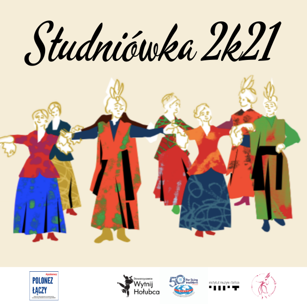 napis Studniówka 2k21, grafika – osoby tańczące poloneza, logotypy organizatorów