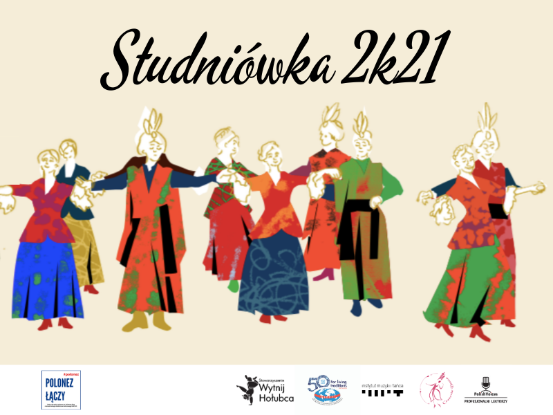 napis Studniówka 2k21, grafika – osoby tańczące poloneza, logotypy organizatorów/caption Studniówka 2k21, image – people dancing polonaise, logotypes of organisers