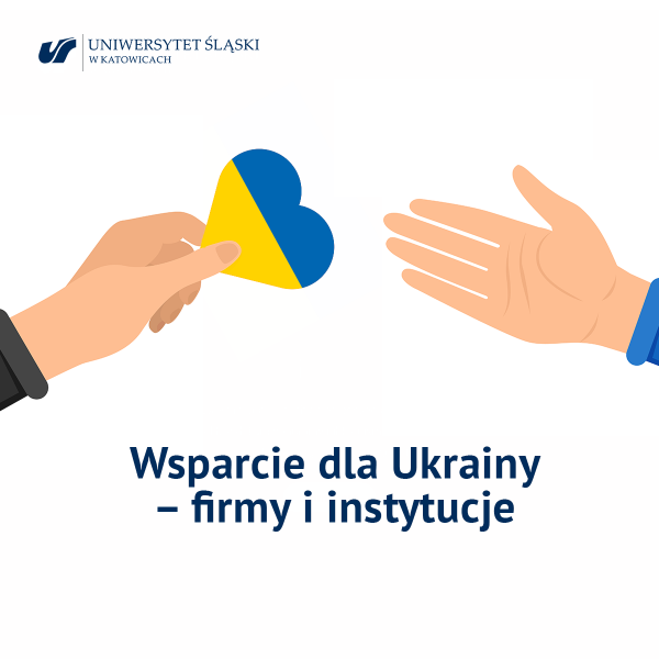 dwie dłoni, serce w kolorze ukraińskiej flagi, napis: wsparcie dla Ukrainy – firmy i instytucje