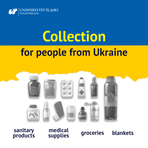 Ukrainian flag with a sing "Collection for people from Ukraine: sanitary products, medical supplies, grocerles, blankets"
