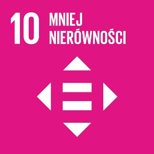 Ikona celu 10 ONZ: napis mniej nierówności na różowym tle