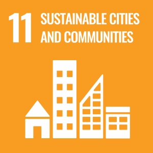 UN Goal 11 icon: sustainable cities and communities on a yellow background