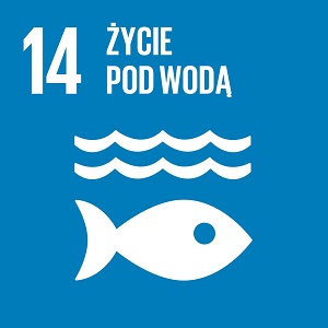 Ikona celu 14 ONZ: napis życie pod wodą na niebieskim tle