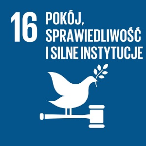 Ikona celu 16 ONZ: napis pokój, sprawiedliwość i silne instytucje na granatowym tle