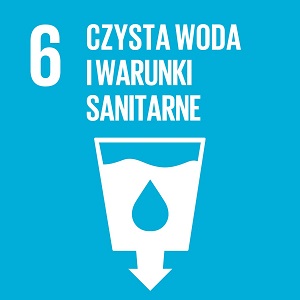 Ikona celu 6 INZ: czysta woda i warunki sanitarne na niebieskim tle