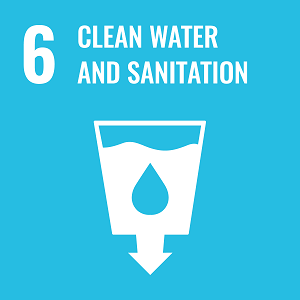 UN Goal 6 icon: the words clean water and sanitation on a blue background