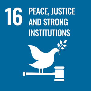 UN Goal 16 icon: the words peace, justice and strong institutions on a navy blue background