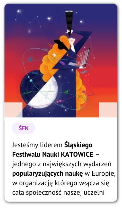 Grafika przedstawiająca rudowłosą kobietę spoglądającą w gwiazdy. Podpis: Jesteśmy liderem Śląskiego Festiwalu Nauki Katowice – jednego z największych wydarzeń popularyzujących naukę w Europie, w organizację którego włącza się cała społeczność naszej uczelni