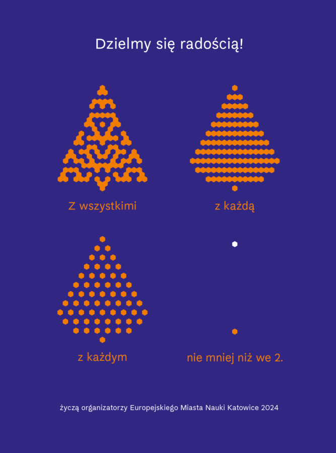 Dzielmy się radością! Z wszystkimi, z każdą, z każdym, nie mniej niż we 2. Życzą organizatorzy Europejskiego Miasta Nauki Katowice 2024