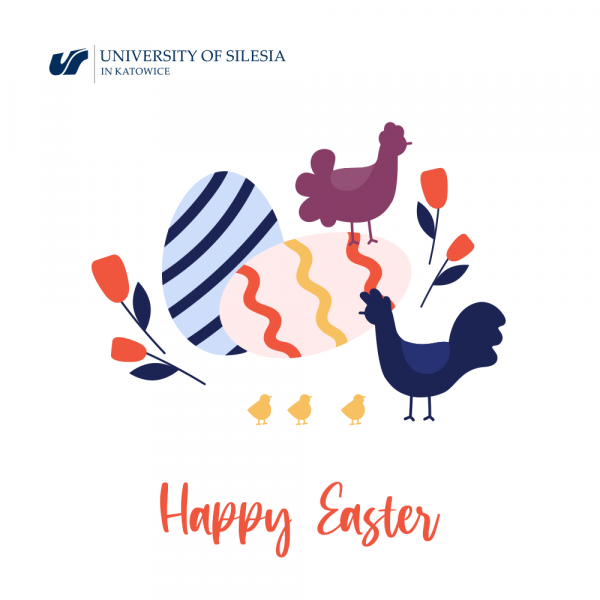 Kartka świąteczna z napisem „Happy Easter”, na obrazku: pisanki, dwie kury, kwiaty